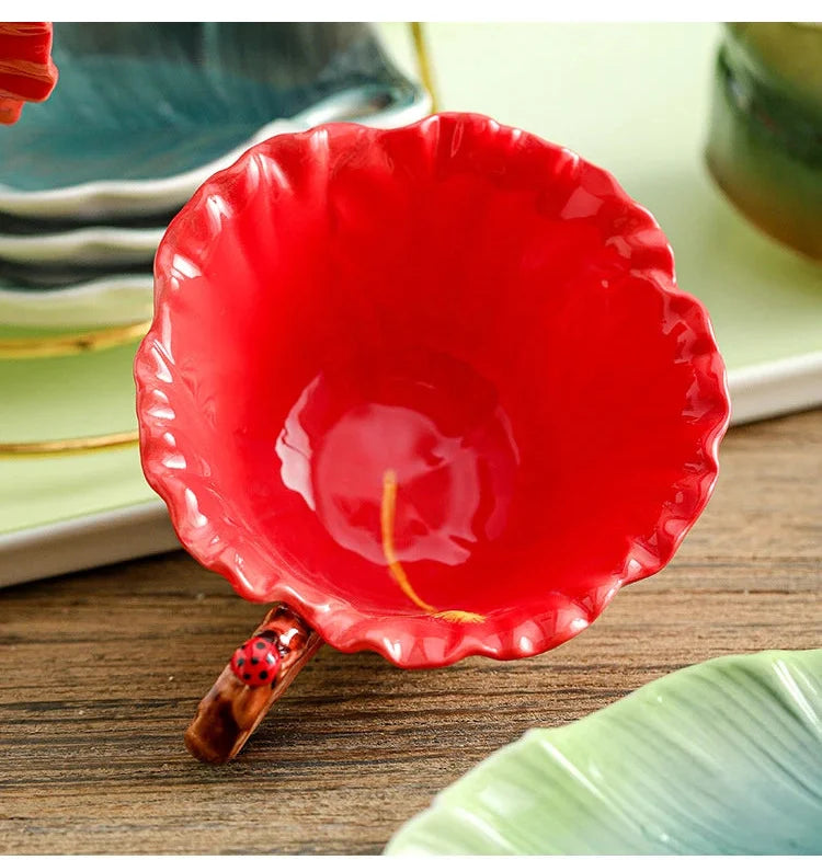 Blumen-Teeset – Porzellan Hibiskus – 9tlg, 6tlg Optionen