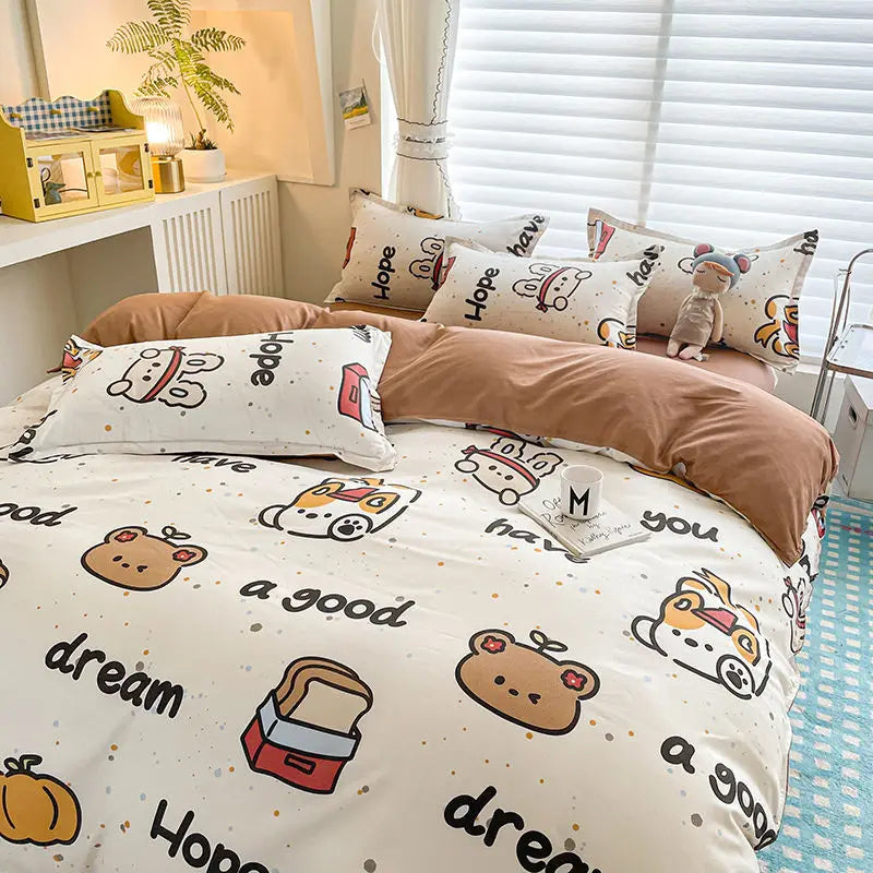 Ins Bären Bettbezug-Set – Koreanisch Florales Design – Queen Grösse