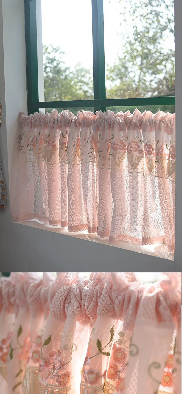 Rosa Spitzenvorhang – Landhausstil für Küchenfenster
