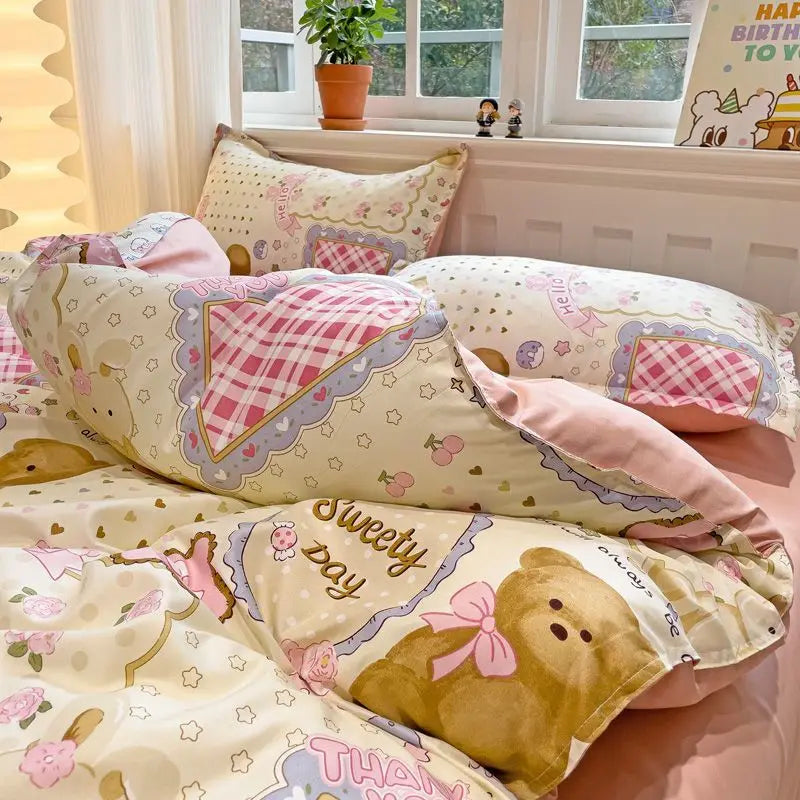 Ins Bären Bettbezug-Set – Koreanisch Florales Design – Queen Grösse