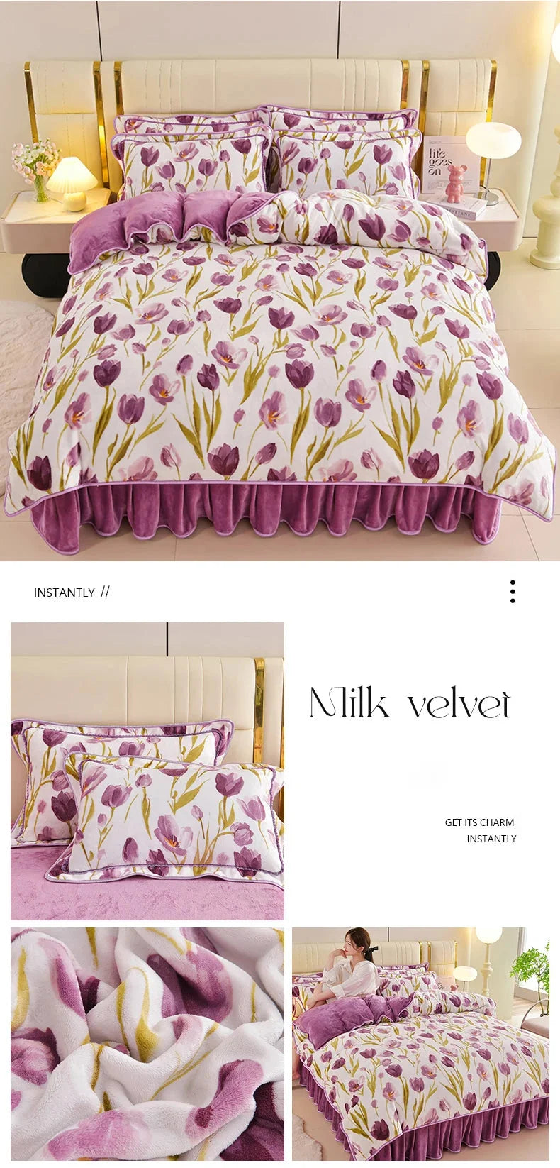 Milchvelours Bettset in Farbe Bainianhaohe, 200x230 cm Cover 4 Teile, floral