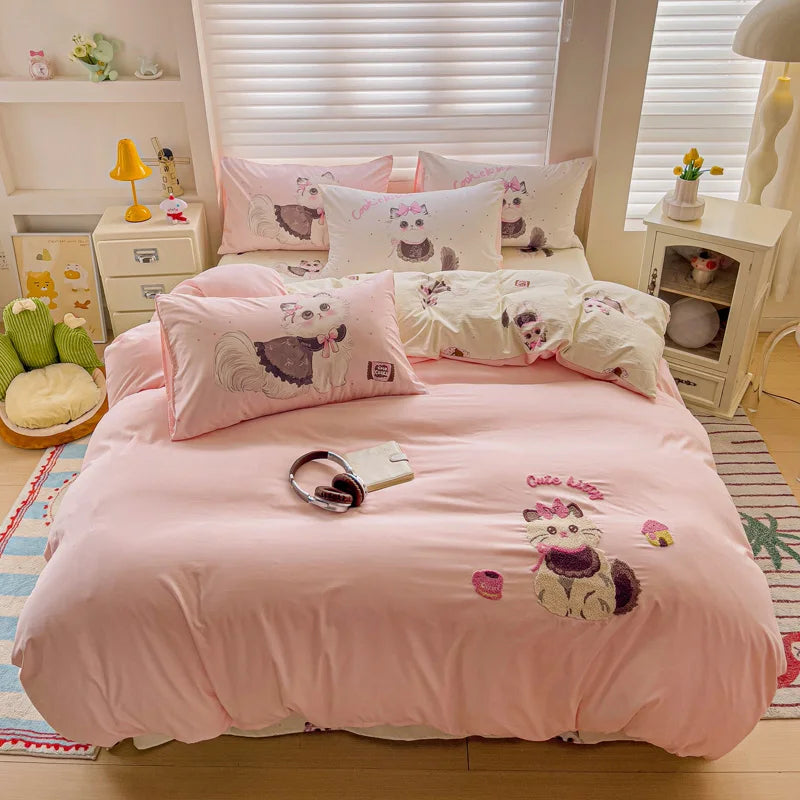 Bettwäsche-Set – Süsse Rosa Cartoon-Katzen – Weiche Baumwolle
