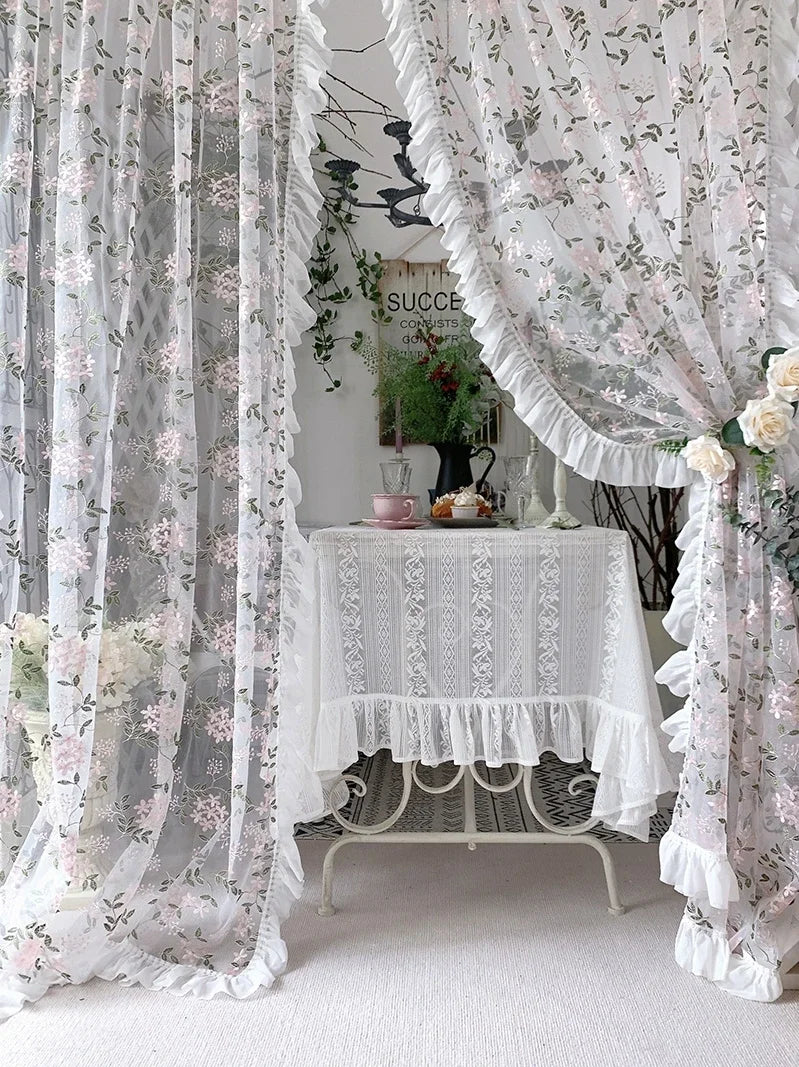 Florale Spitzenvorhänge – Pastoral Pink – Verschiedene Grössen