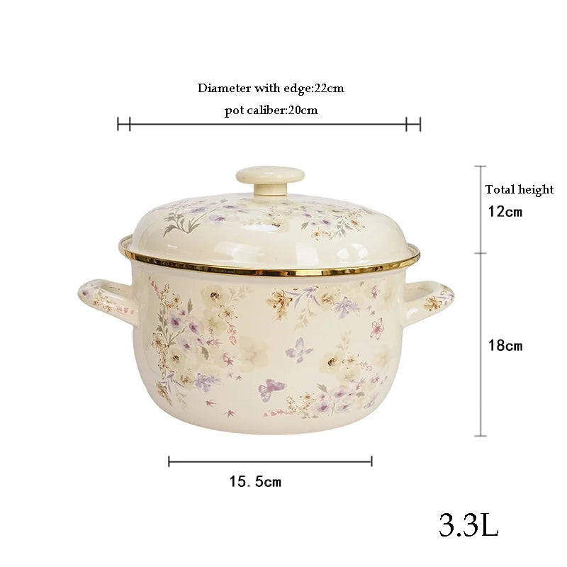 Eleganter Emaille Kochtopf – Florales Handdesign 3.3L