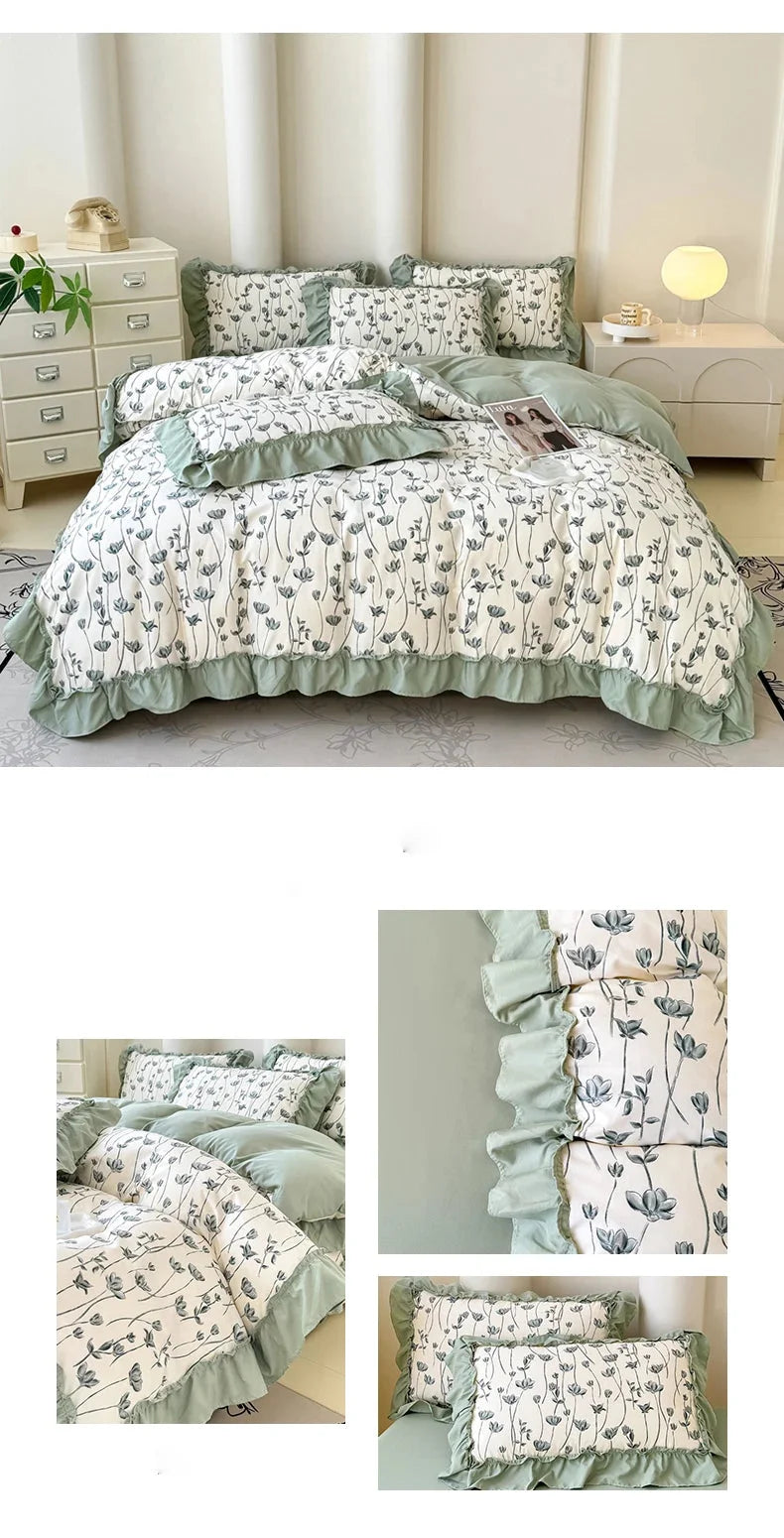 Koreanisches Bettwäsche-Set – Blumen Spitzenrüschen – Mikrofaser 200x230cm