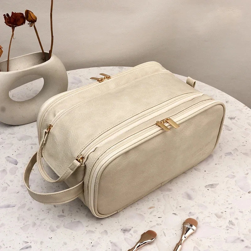 Kosmetiktasche – PU Leder, Doppel-Reissverschluss, Tragbar