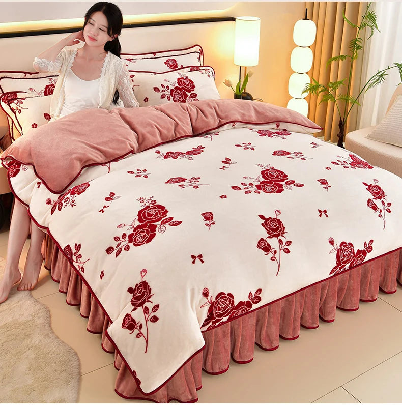 Luxus Fleece Bettwäsche in reinweiss mit Blumen-Design, Grösse King 4 Teile 220x240cm