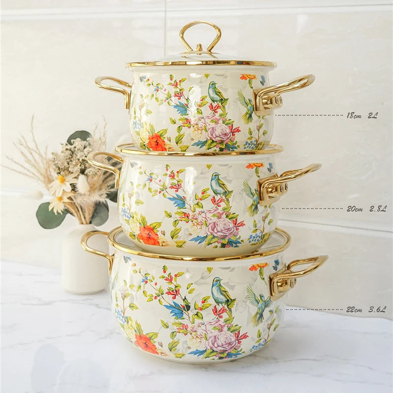 Emaille Suppentopf – Retro Blumen Design – Grosse Kapazität