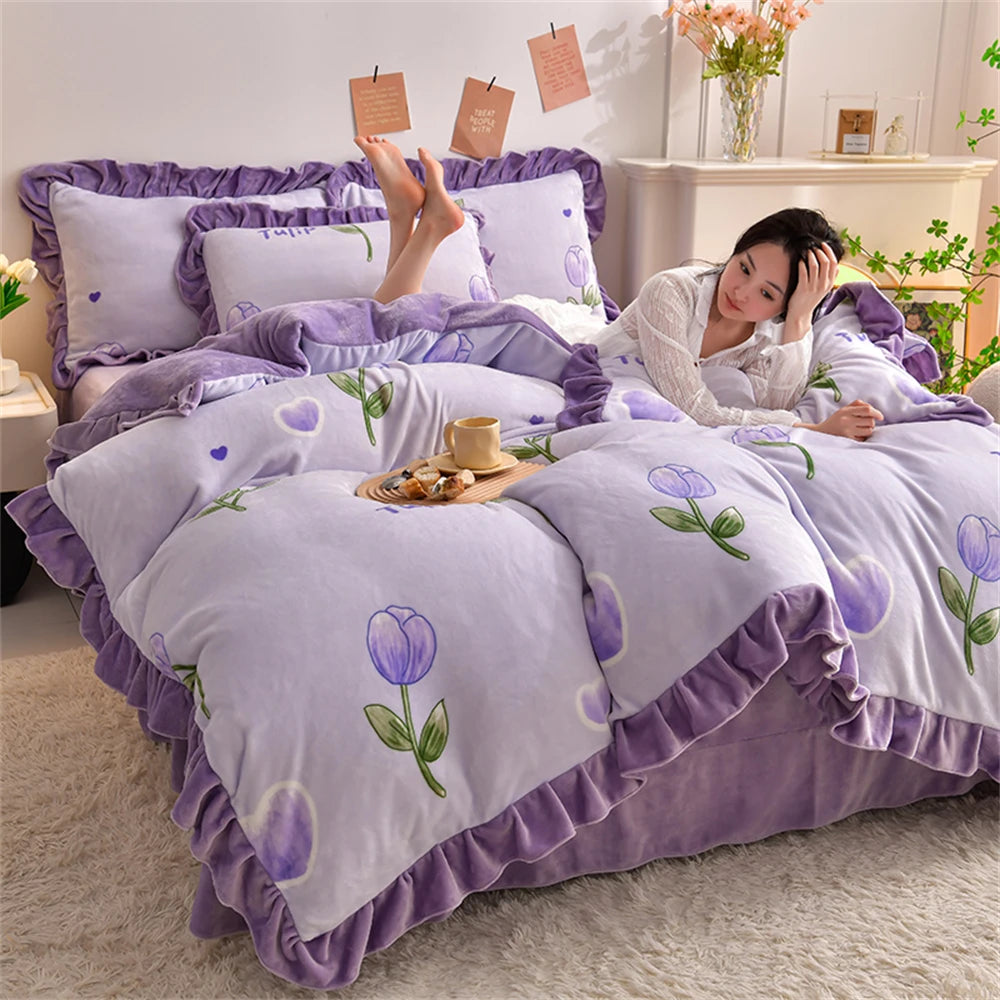 Winter Bettwäsche Set mit Fleece und Spitzen, Farbe: Ziselangman, Grösse: King 220x240 cm