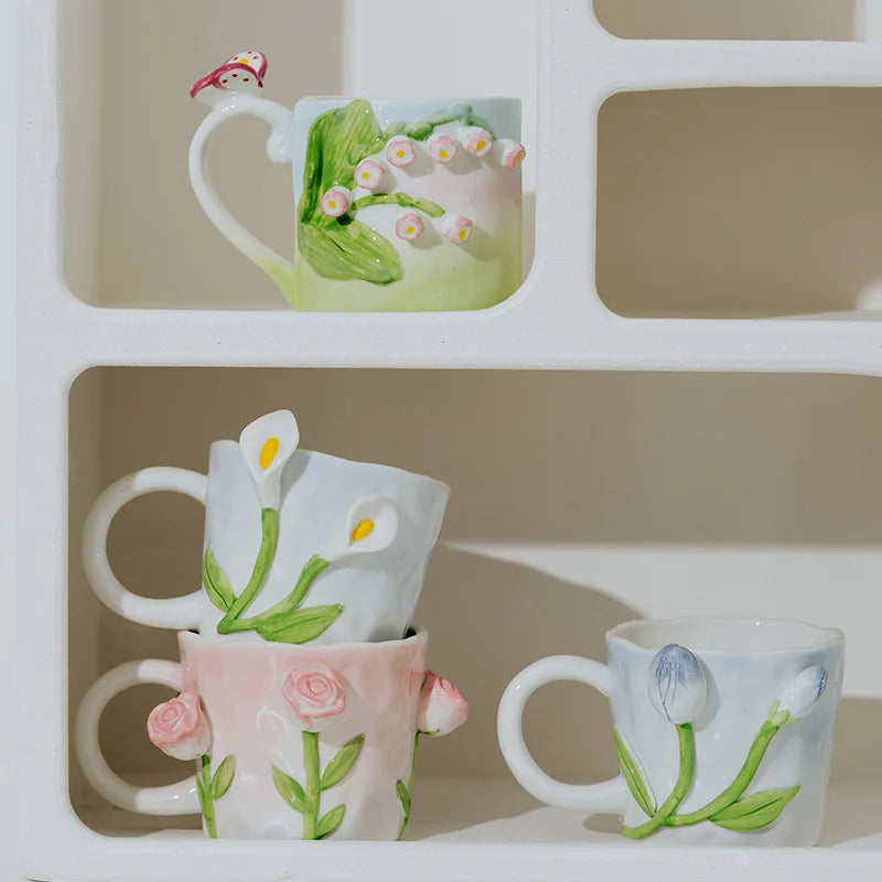 Handgefertigte Porzellantasse – 3D-Blumendesign 350ml