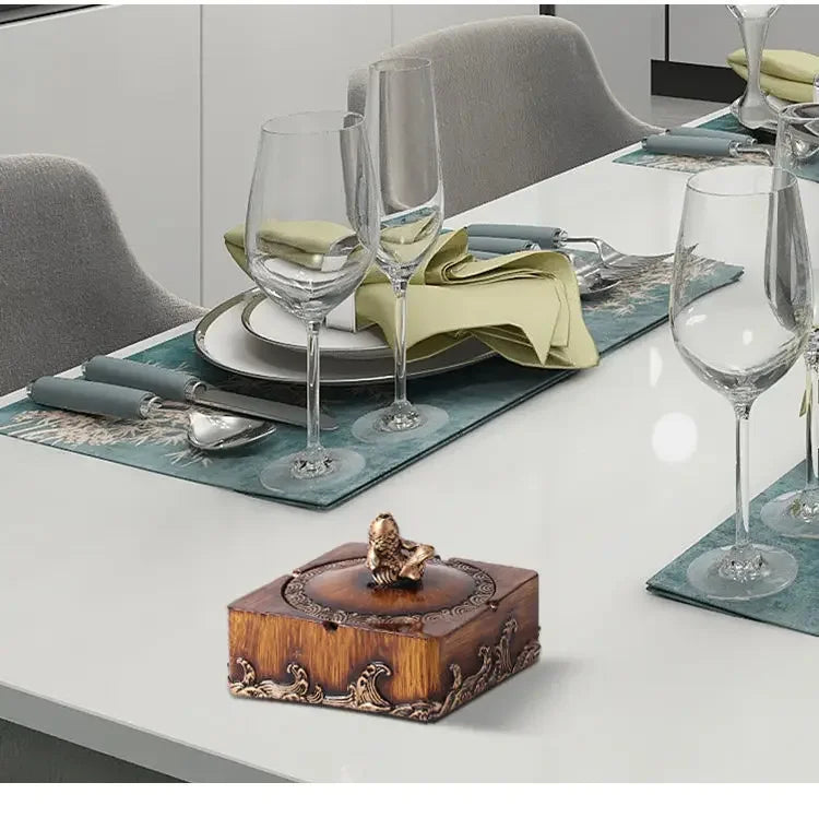 Quadratischer Aschenbecher aus Harz im chinesischen Stil mit Deckel für das Wohnzimmer