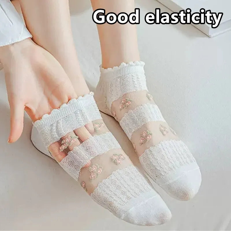 Transparente Socken Set – Vintage Floral Baumwolle – Niedriges Rohr