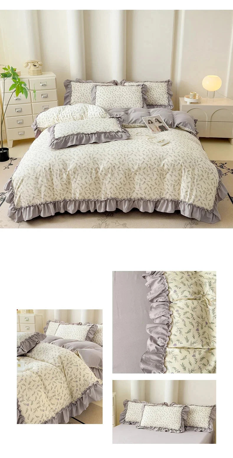 Koreanisches Bettwäsche-Set – Blumen Spitzenrüschen – Mikrofaser 200x230cm