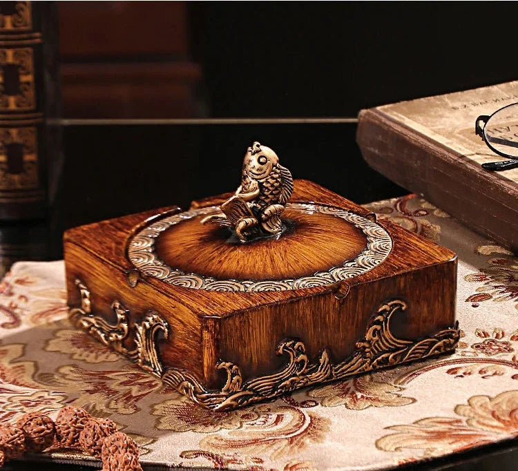 Quadratischer Aschenbecher aus Harz im chinesischen Stil mit Deckel