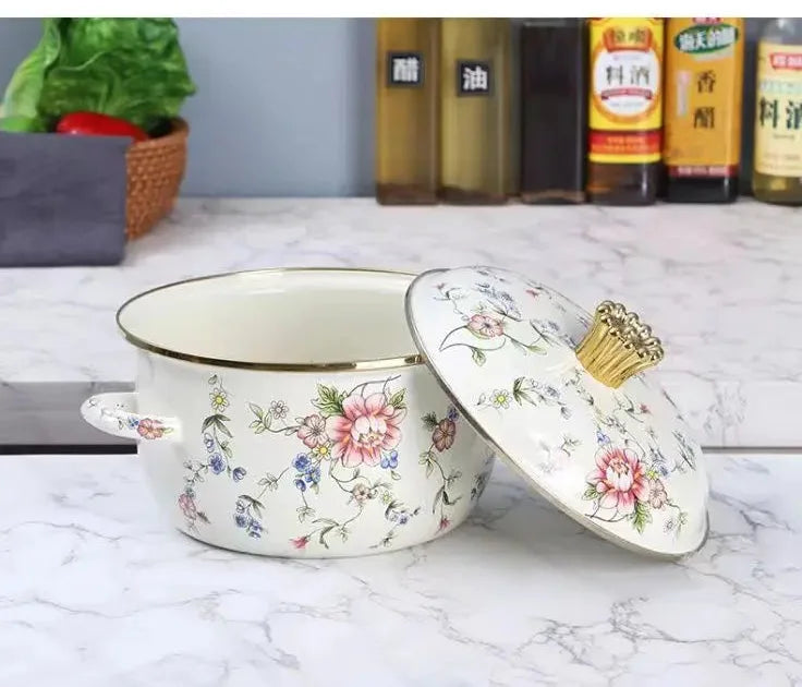 Vintage Suppentopf – Emaille, Porzellan-Optik