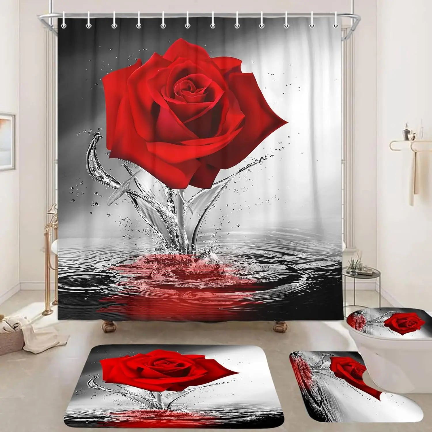 Floraler Duschvorhang – Modern Weiss und Gold – 180x180cm Set
