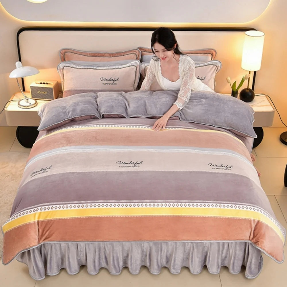 Luxus Fleece Bettwäsche in warmem Gelb und Champagner Grau, King Grösse 220x240cm mit flachem Bettlaken, dekorativ im nordischen Stil