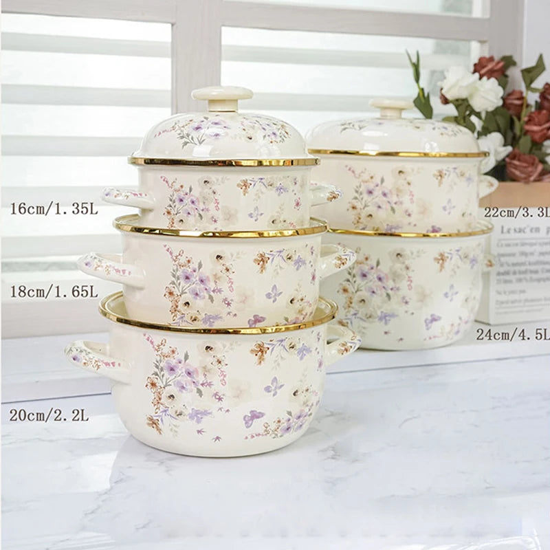 Eleganter Emaille Kochtopf – Florales Handdesign 3.3L