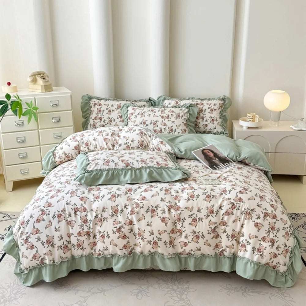 Koreanisches Bettwäsche-Set – Blumen Spitzenrüschen – Mikrofaser 200x230cm