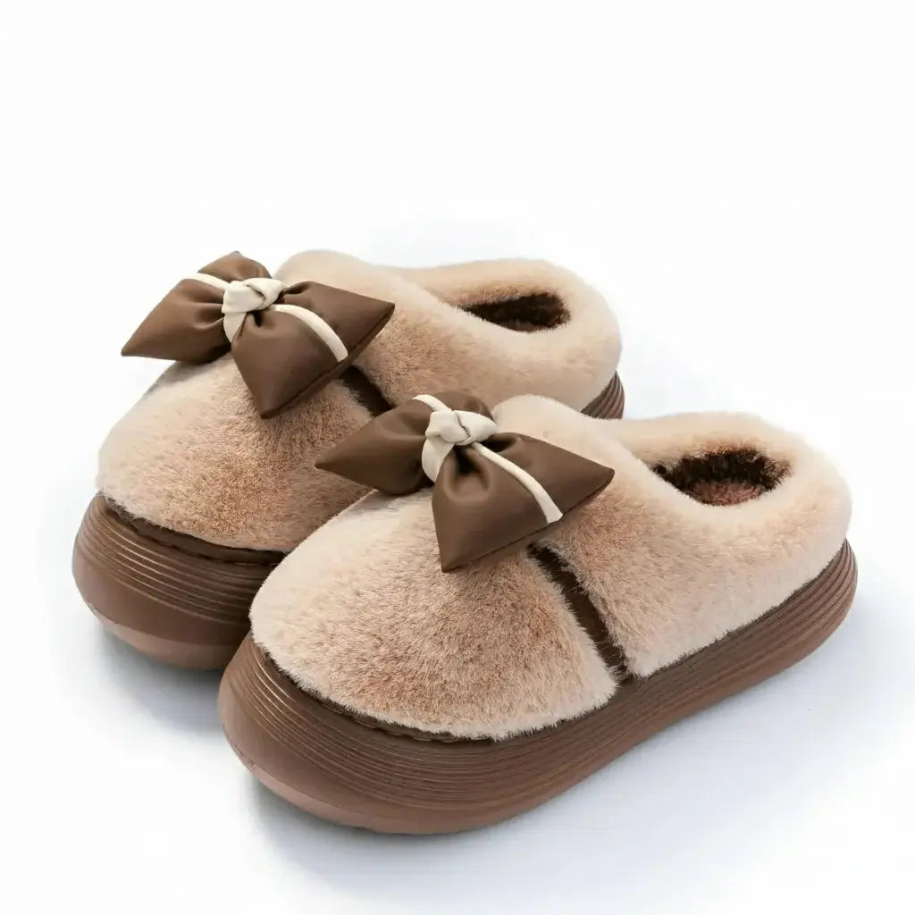 Damen Baumwollhausschuhe – Schleifenknoten Fleecegefüttert – Indoor Komfort