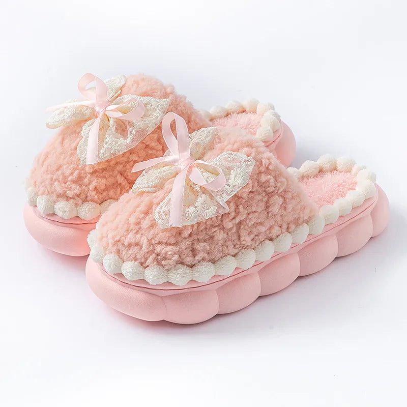 Baumwollpantoffeln – Flanell Schleifen-Design – Warmer Heimkomfort