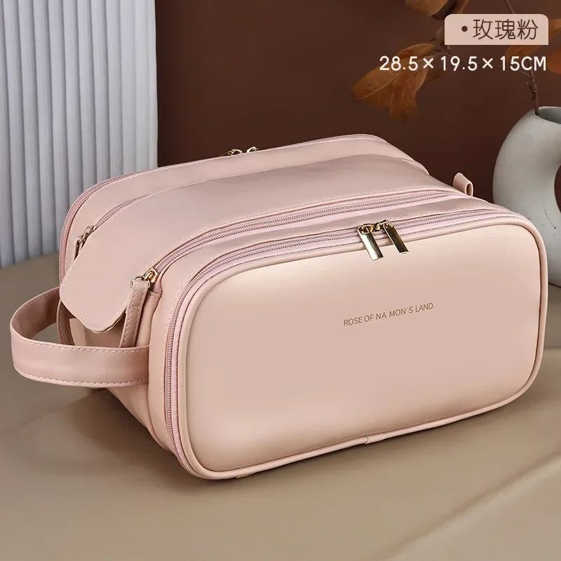 Kosmetiktasche – PU Leder, Doppel-Reissverschluss, Tragbar