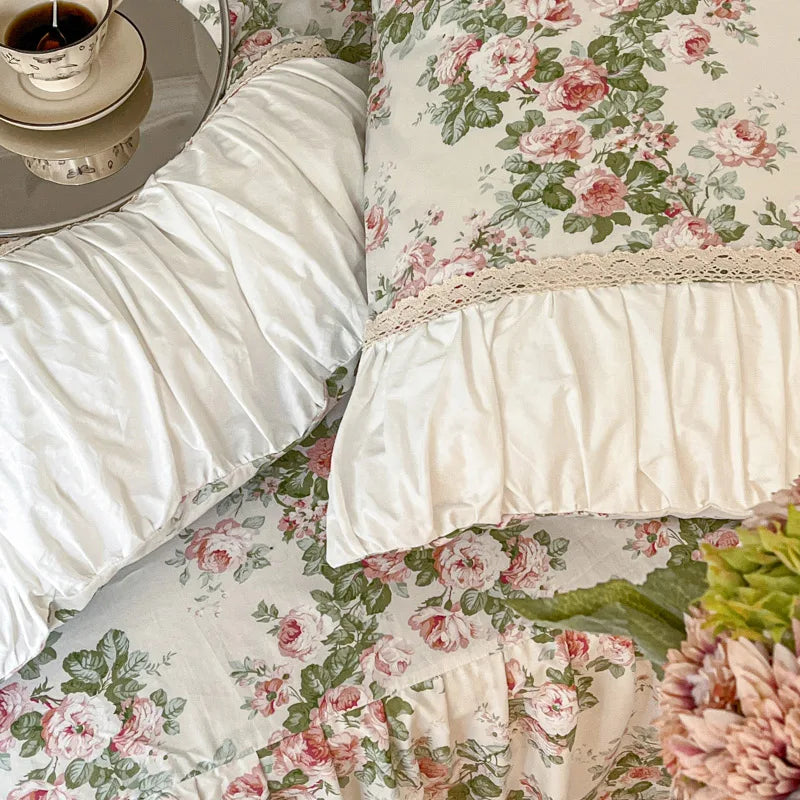 Pastorale Blumen Bettwäsche Set – 100% Baumwolle mit Spitzen