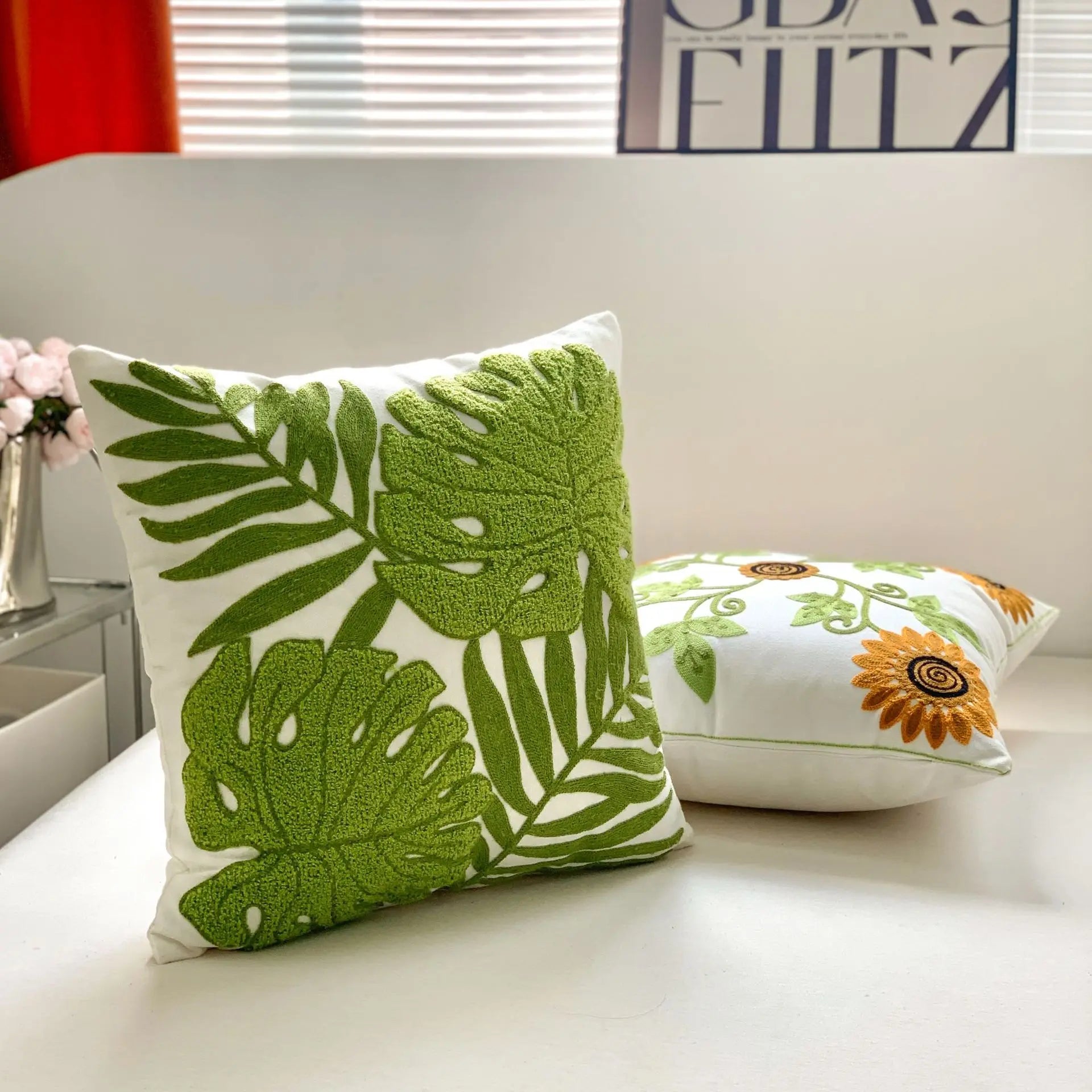 Grüne Blatt Stickerei Kissenbezug – Modernes Baumwolle 45x45cm