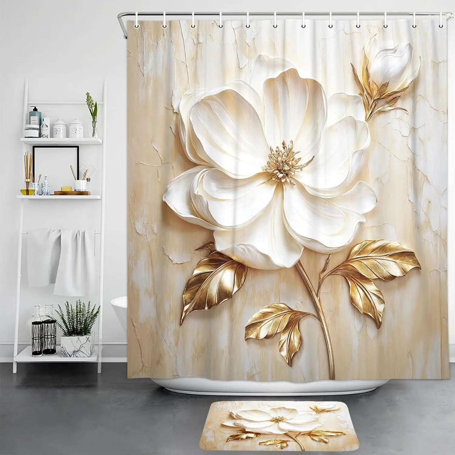 Floraler Duschvorhang – Modern Weiss und Gold – 180x180cm Set