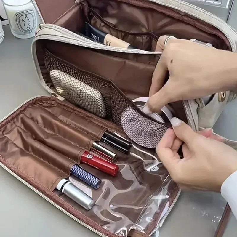 Kosmetiktasche – PU Leder, Doppel-Reissverschluss, Tragbar