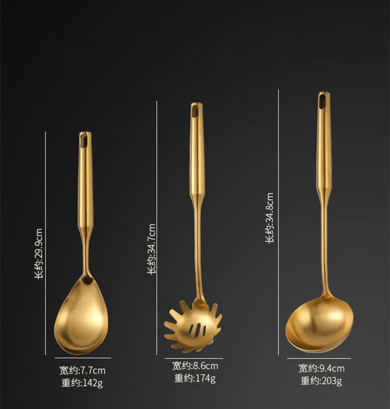 Goldene Küchenutensilien – Edelstahl – Langer Griff