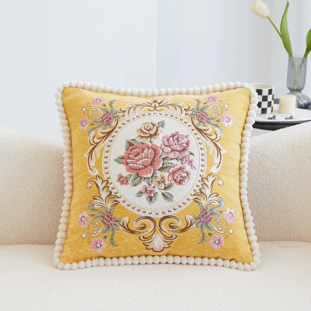 Chenille Blumenkissenbezug – Vintage Bestickt 48cm