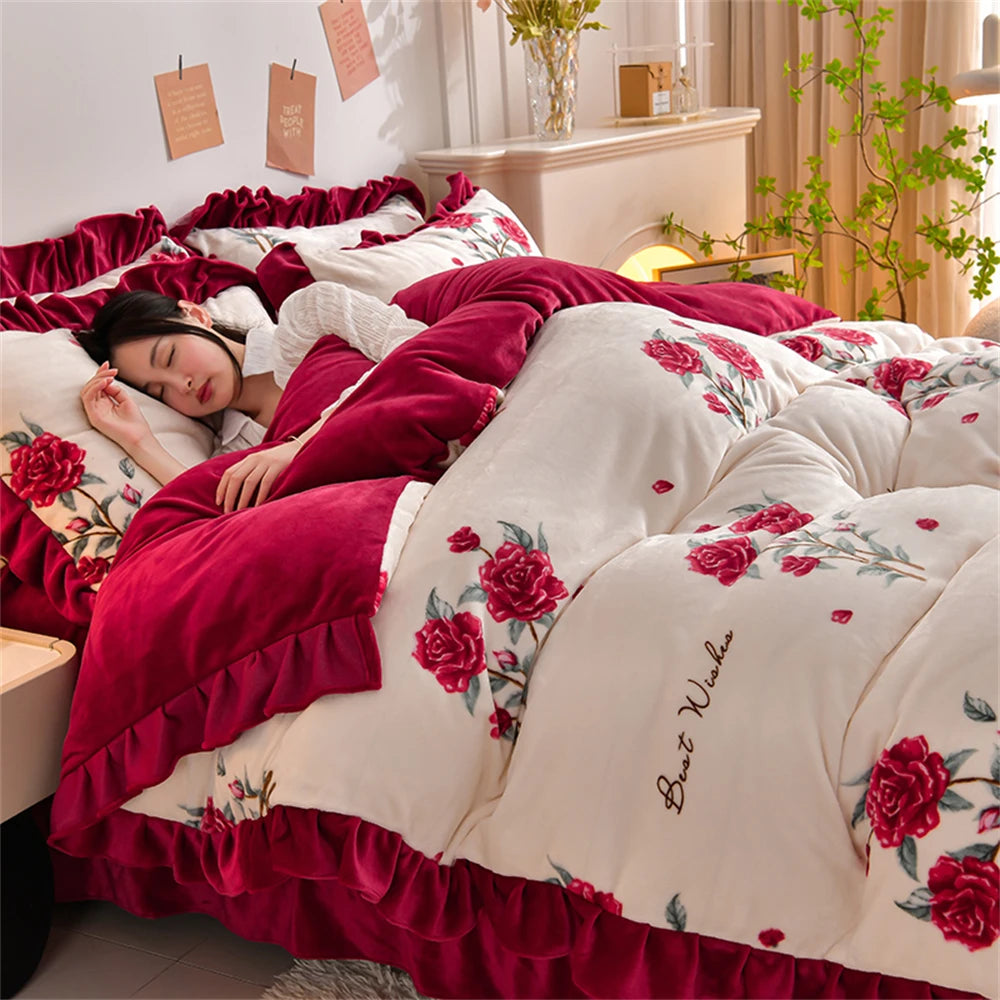 Winter Bettwäsche Set aus Fleece in der Farbe: ziselangman, Grösse: King 220x240 cm mit Spitzendetails