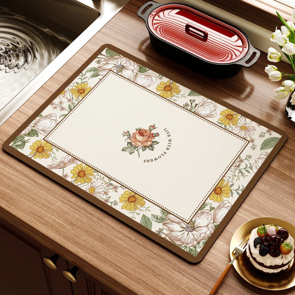 Retro Blumen Diatomitmatte – Modernes Küchenablauf – 50x80cm