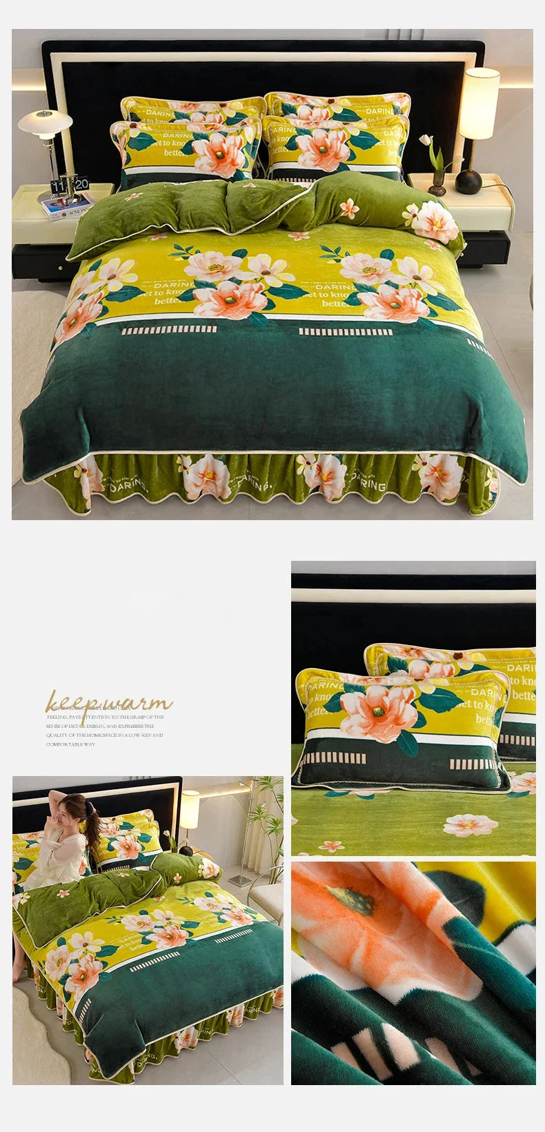 Luxus Fleece Bettwäsche in Champagner Pink, Queen 200x230 cm, nordisches Blumen-Design