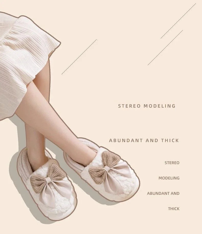 Dicke Sohle Schleifen-Pantoffeln – Plüschkomfort, Indoor