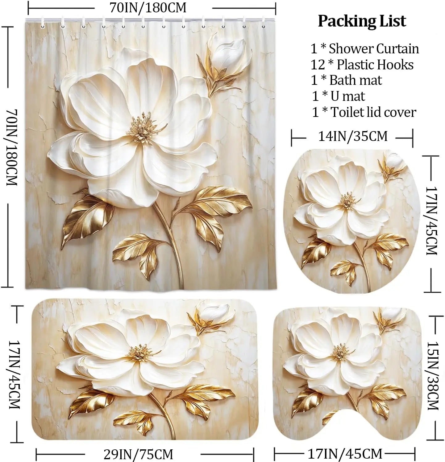 Floraler Duschvorhang – Modern Weiss und Gold – 180x180cm Set