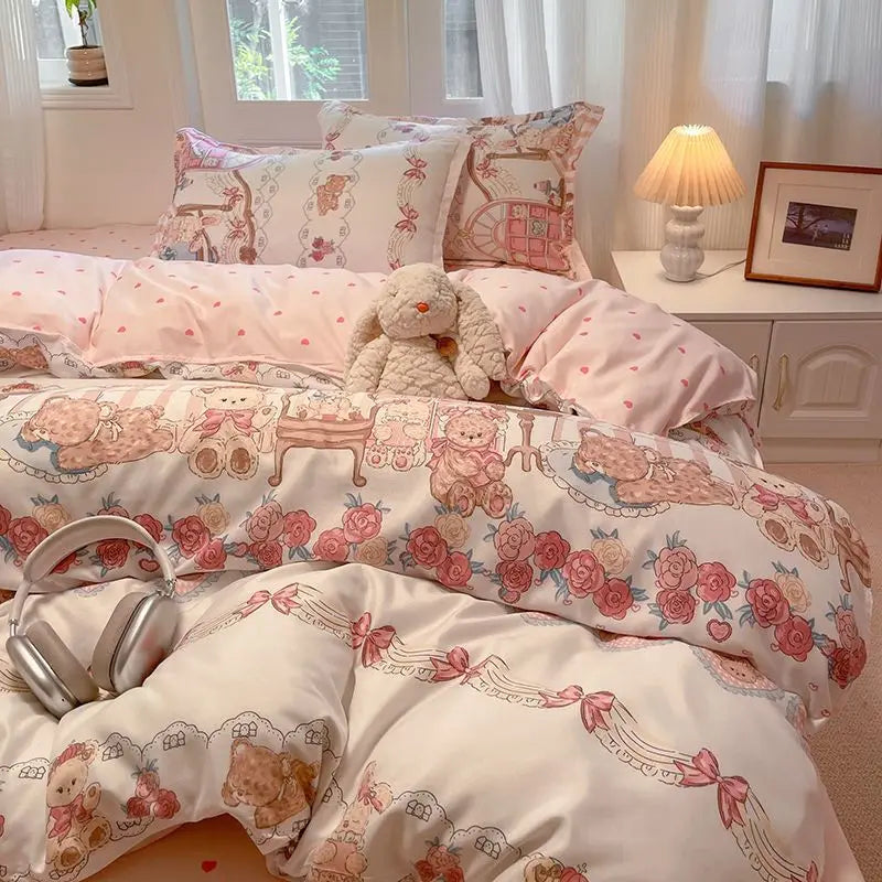 Ins Bären Bettbezug-Set – Koreanisch Florales Design – Queen Grösse