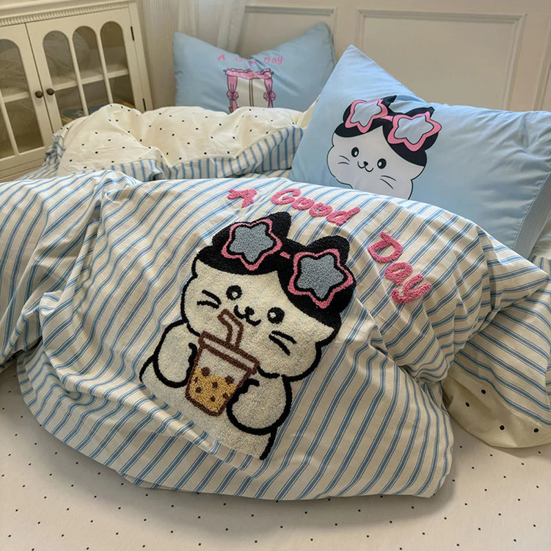 Bettwäsche-Set – Süsse Rosa Cartoon-Katzen – Weiche Baumwolle