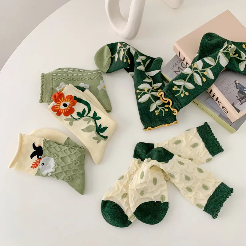 Damen Mittelhohe Socken – Florales Muster – 5er Set