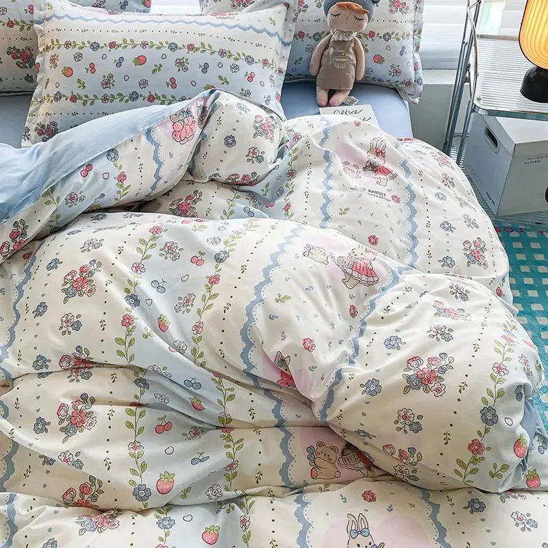 Ins Bären Bettbezug-Set – Koreanisch Florales Design – Queen Grösse