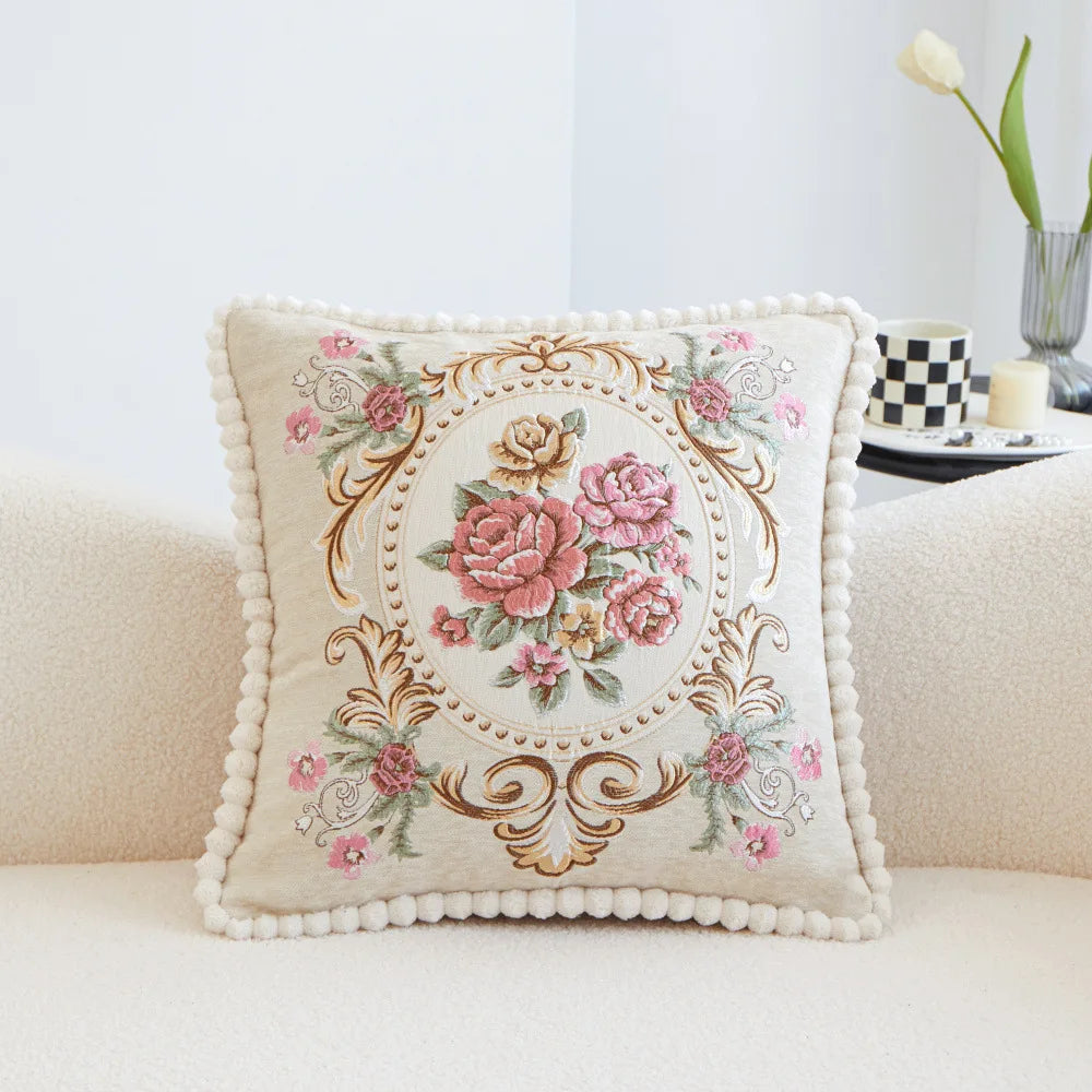 Chenille Blumenkissenbezug – Vintage Bestickt 48cm