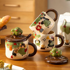 Retro Apfelbaum Tasse – Keramik mit Deckel – Zuhause