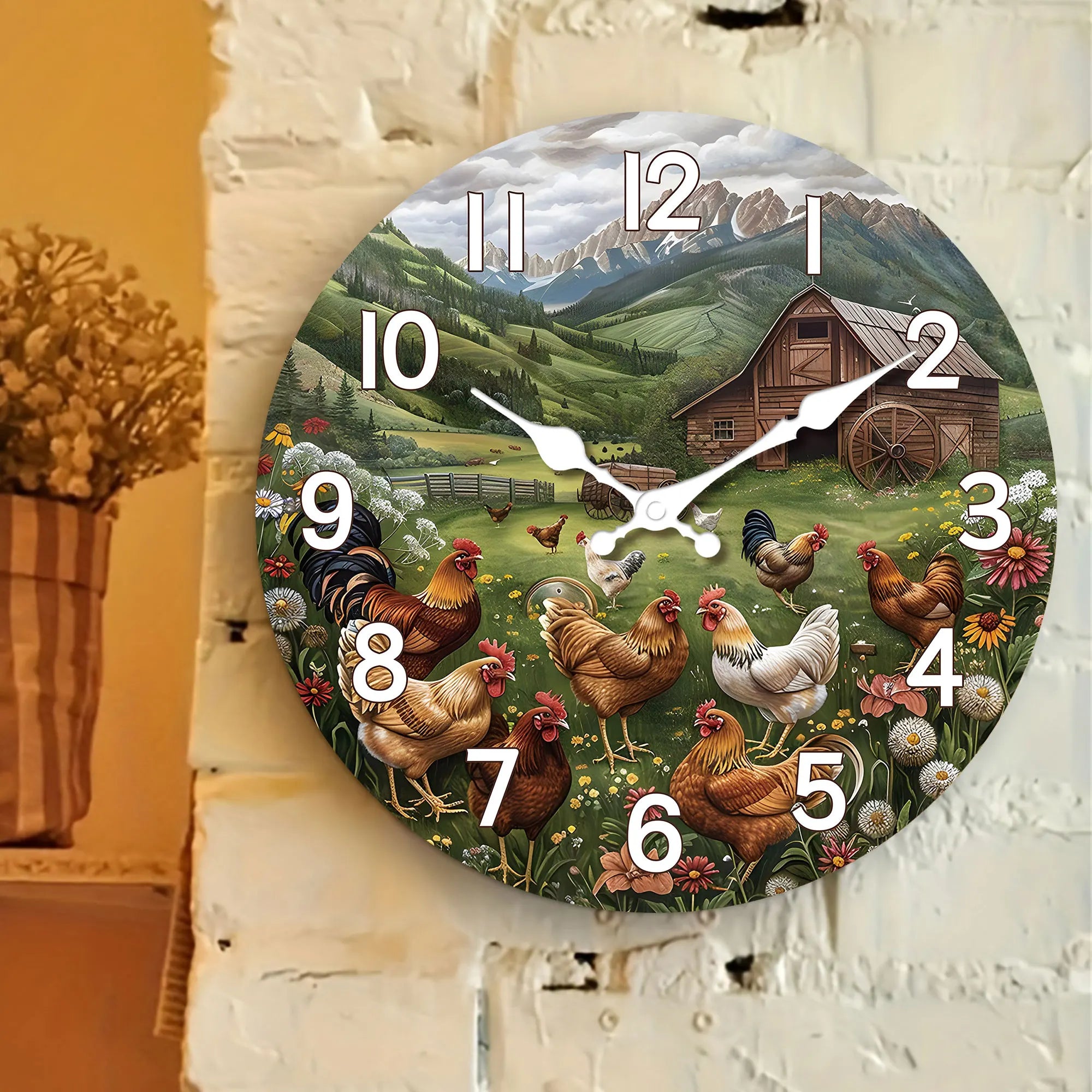 Rustikale Holz-Wanduhr – Bergdesign – 12 Zoll