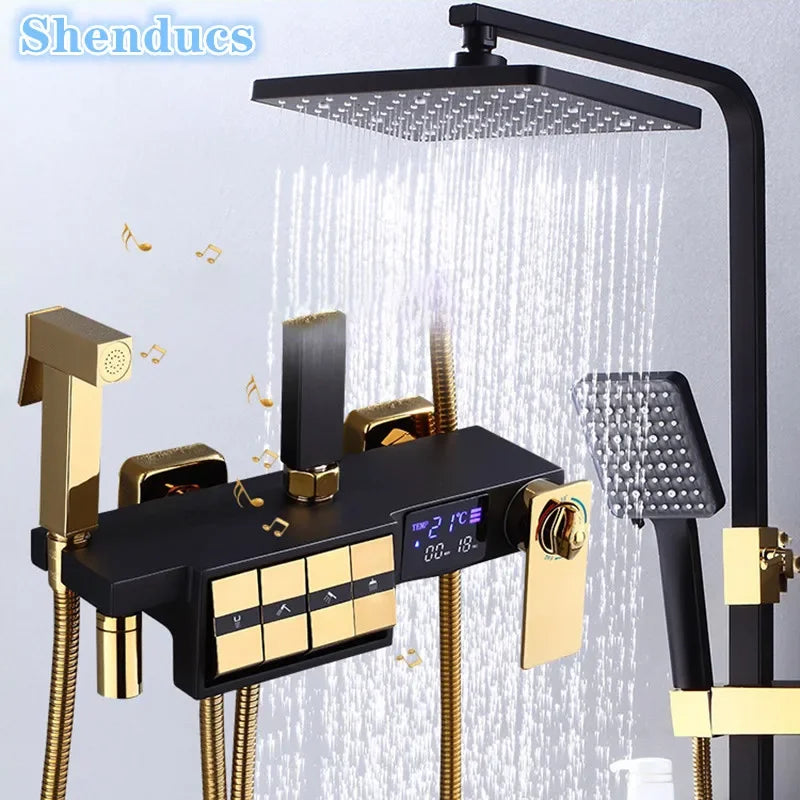 Regendusche Set – Schwarz Gold – 12 Zoll Verstellbar
