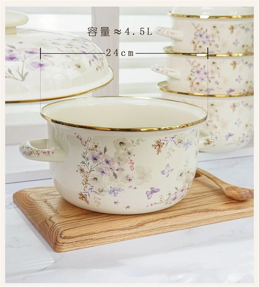 Eleganter Emaille Kochtopf – Florales Handdesign 3.3L