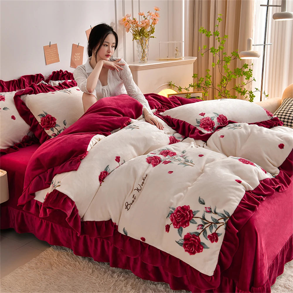 Winter Bettwäsche Set in ziselangman Farbe mit Spitze und Fleece, Grösse King 220x240cm