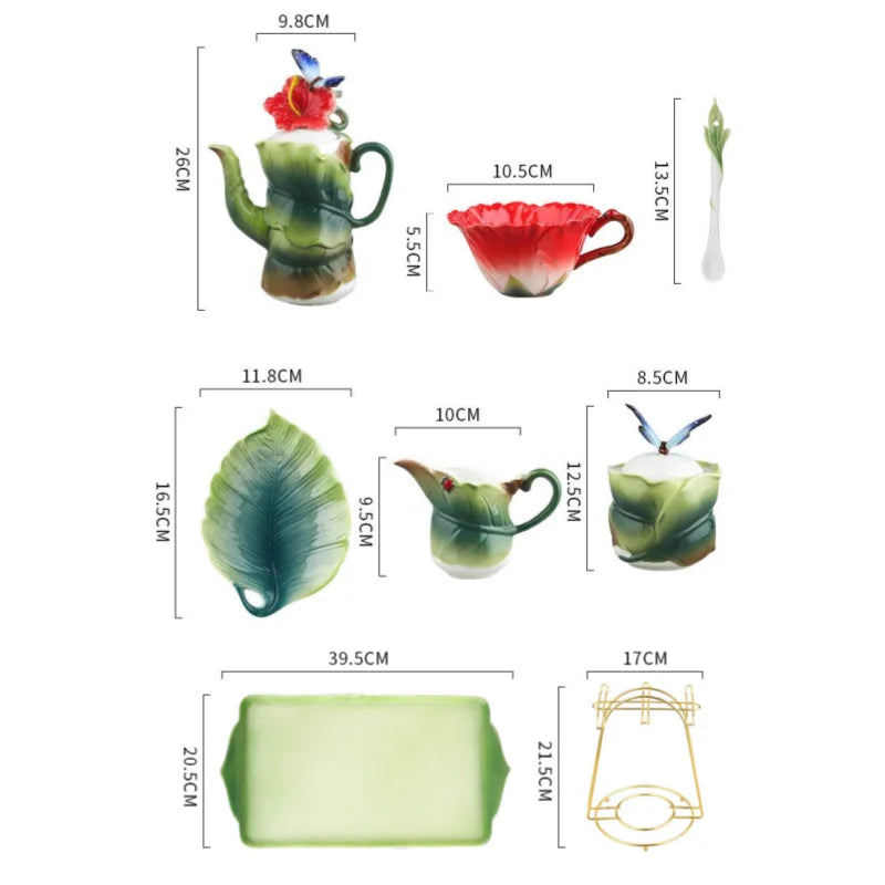 Blumen-Teeset – Porzellan Hibiskus – 9tlg, 6tlg Optionen