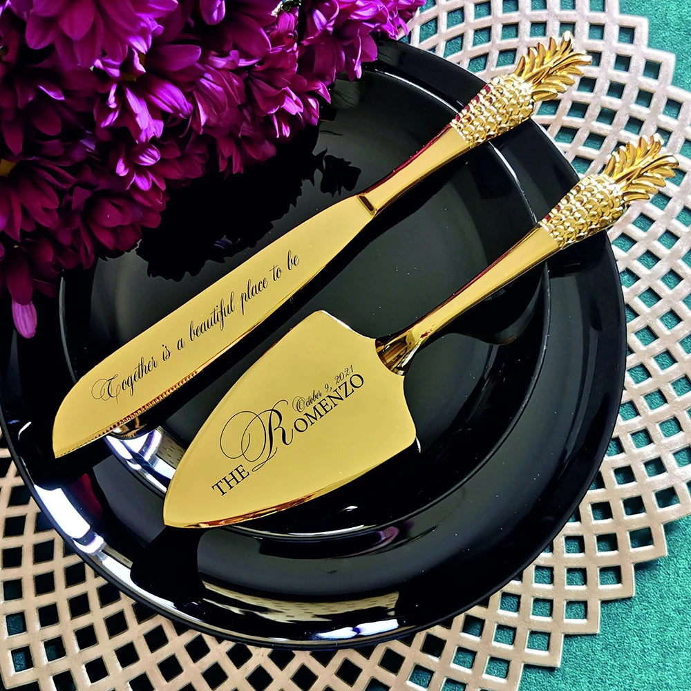 Hochzeitskuchen-Messer Set – Gold Metall Gravur – Jubiläum