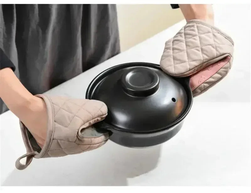 Silikon Ofenhandschuhe – Rosa Baumwoll-Griff – Hochtemperatur Küche